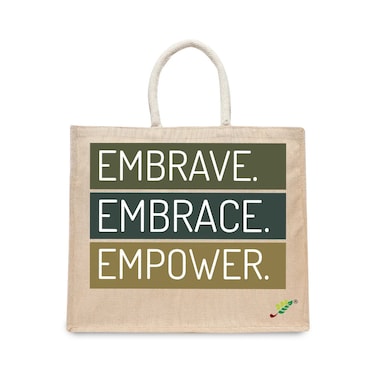 BYFT Tote Bag - Embrave, Embrace, Empower Printed Stylish Carry-All Laminated Juco Bag With Gusset Set of 01