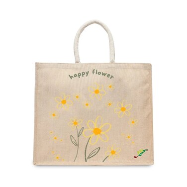 BYFT Tote Bag - Happy Flower Printed Stylish Carry-All Laminated Juco Bag With Gusset Set of 01