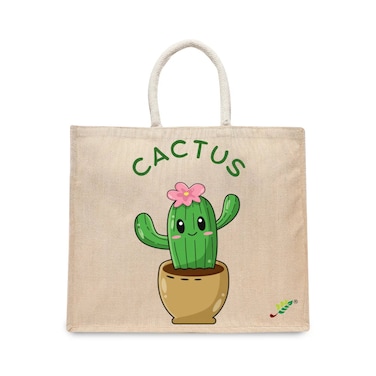 BYFT Tote Bag - Happy Cactus Printed Stylish Carry-All Laminated Juco Bag With Gusset Set of 01