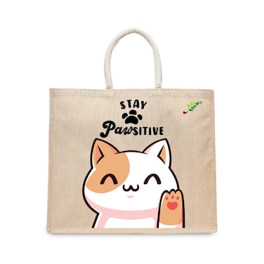 BYFT Tote Bag - Stay Pawsitive Printed Stylish Carry-All Laminated Juco Bag With Gusset Set of 01