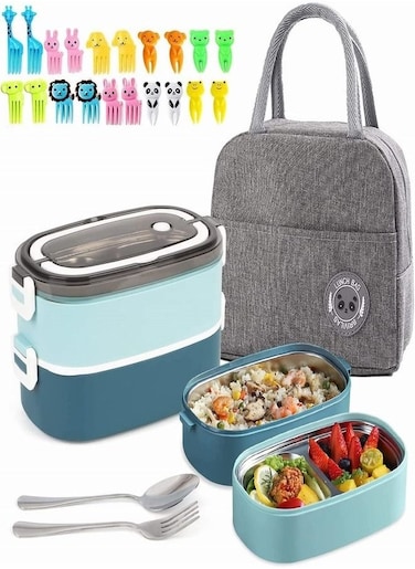 Lunch Box for Kids and Adults with Lunch Bag, 2 Tier Stainless Steel Bento Lunch Box with 3 Compartments and Cutlery (Spoon &amp; Fork) Food Picks for Kids, Leakproof   BFA Free   Dishwasher Safe (Blue)