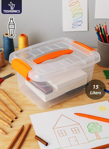 15 Liters Premium Clear Plastic Storage Box with Lockable Lid, Carry Handle &amp; Clip Locks T114629 Stackable Transparent Organizer Bin for Clothes, Toys, Tools &amp; Home Storage (34&acirc;&euro;&rdquo;25&acirc;&euro;&rdquo;21 cm)