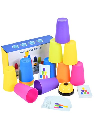 SOOFAM Quick Cups Game，Stacking Cups Toy Educational Toys，Classic Speed Match Cups Games for Parent-Child Interactive Stacking Cups Game with 50 Picture Cards, 12 Cups and Bell