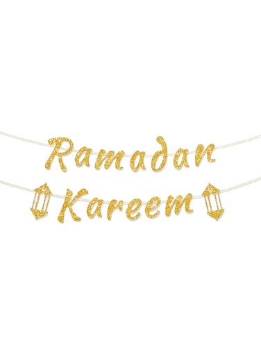2pcs Ramadan Kareem Holy Month Sign Banner Festive Garland Golden Black Lantern Home Wall Hanging Decoration Iftar Eid Mubarak Party Supplies Indoor Outdoor Event (Golden)