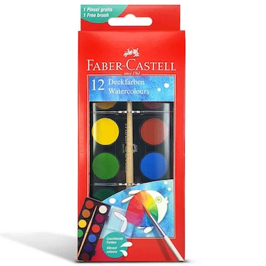 Faber-Castell Watercolour Paint Set with Brush, 12 Colours, 24mm