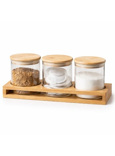 Bee 500ML Round Glass Jars Set of 3 with Bamboo Stand &acirc;&euro;&ldquo; Airtight Food Storage Containers, Clear Glass Canisters with Wooden Lids for Kitchen, Spices, Snacks &amp; Dry Food