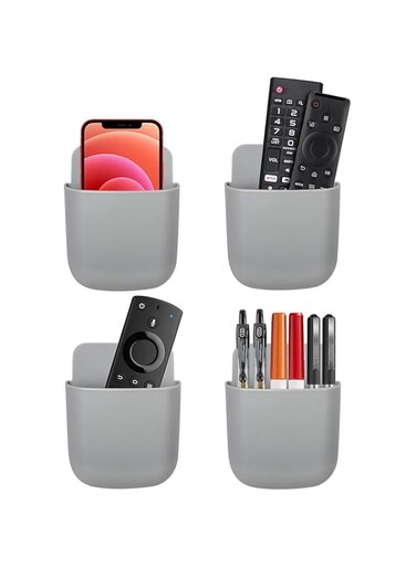 Joyzzz Remote Control Holder Wall Mount, 4PCS Self-adhesive Wall Phone Holder with Grooves, Simple No-Drilling Pen Holder for Wall, Wall Storage Organizer for Offices and Schools Home Supply (Grey)