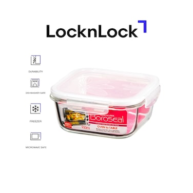 LocknLock 930ml Oven-Safe Borosilicate Glass Square Container with Airtight Lid - Microwave, Freezer, and Dishwasher Safe