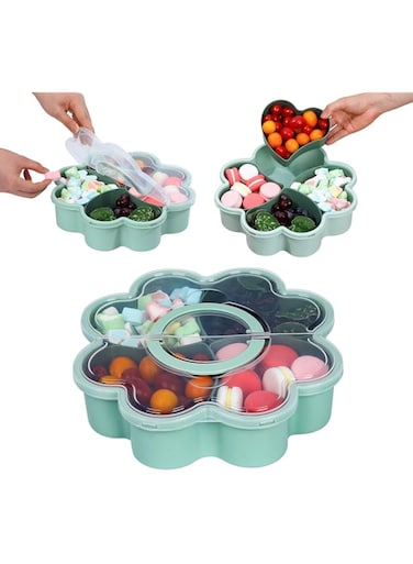 Divided Serving Tray with Lid and Handle, Snack Box Container Snackle Box Container for Portable Snack Platter, Charcuterie Organizer for Fruit Candy Veggie, Perfect for Party Travel Picnic (Green)