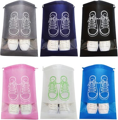 Marrkhor 12 Pcs Black Travel Shoe Bag, Waterproof and Dustproof Shoe Bag with Drawstring, Portable Travel Bag with Clear Slot for Daily Use and Travel (Large Size-36 x 45 Cm)