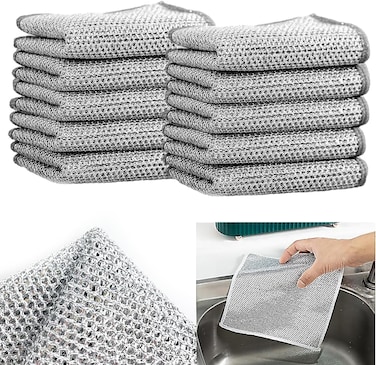 Marrkhor 10-Pcs Non-Scratch Wire Dishcloth Multipurpose Wire Dishwashing Rags for Wet and Dry, Reusable, Wire Cleaning Cloth for Kitchen, Sink, Pot