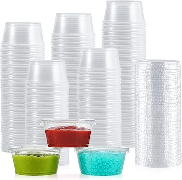 Marrkhor 100-Piece Plastic Portion Cups with Lids, 3.25 oz Plastic Sauce Cups, Jello Shot Cups, Disposable Condiment Containers for Food Sample