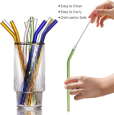 Marrkhor Reusable Glass Bent Straws, 8-Pieces Drinking Straws with 1 Cleaning Brush, Dishwasher Safe for Shatter Resistant, Eco Friendly Reusable Straws - Multicolor