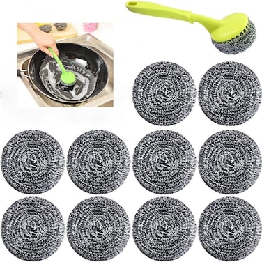 Marrkhor Stainless Steel Scrubber Set, 6 Steel Wool Balls with Long Plastic Handle for Heavy-Duty Cleaning, Ideal for Pots, Pans, Grills, and Kitchen Items