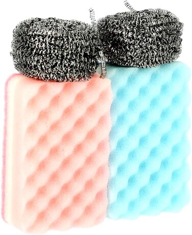 Marrkhor 2 Pcs Steel Wool + 2 Pcs Cleaning Sponge Scrubber Cleaning Ball Stainless Steel Wool Kitchen Tool Multicolor