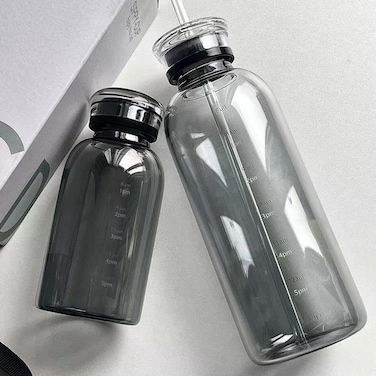 Marrkhor Cute Water Bottle Portable Transparent Gray Water Cup Glass Bottles Creative Handy Cup with Scale Straw 2 Kids Aesthetic Water Bottles