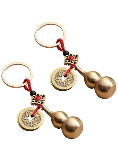 Kingzhuo 2 Pieces Wu Lou Key Chain Beautiful Gourd Keychain Lucky Keychain Set with Feng Shui Coins Solid Key Rings for Good Luck Prosperity Can Put a Lucky Note Inside (Opened from The Bottom)