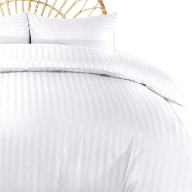 Zen 100% Cotton Luxury Hotel Quality Sateen Duvet Cover Set with Satin Stripe, Hidden Button Closure, White, Twin/Single 160x210cm