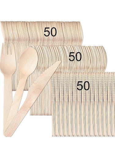 50pcs Disposable Wooden Cutlery Set, Excellent quality, Eco Friendly Biodegradable &amp; Compostable For Party Picnic Office Wedding &amp; Indoor/Outdoor use, Deep spoons strong forks sharp knives.