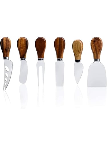 Mash 6-Piece Stainless Steel Cheese Knives With Wooden Bamboo Handle For Charcuterie Boards Cutlery, Kitchen And Restaurant Use Multicolor