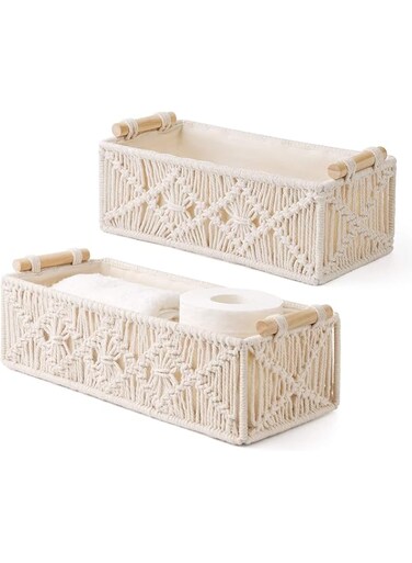 coclux Storage Baskets Boho Decor Box Handmade Woven Decorative Countertop Toilet Tank Shelf Cabinet Organizer for Bedroom Nursery Livingroom Home, Set of 2, Ivory (Ivory)