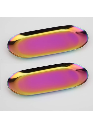 Fermus Stainless Steel Decorative Tray, Set of 2, 9 Inch Long, Jewelry Dish Cosmetics Organizer Bathroom Clutter Serving Platter Small Storage Tray, Oval, Holographic