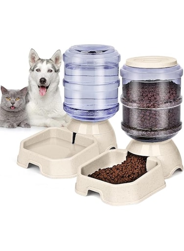 TOMVAES 2 pcs Automatic Pet Feeder Medium and Small Pet Automatic Food Feeder and Drinker Set, Dog Travel Supplies Feeder and Drinker Cat Rabbit Pet Animal (Food Feeder +Waterer)