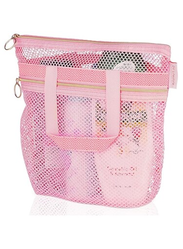 Tazweeq Portable Shower Tote, Transparent Mesh Cosmetic Bag, Travel Toiletries Bag, Shower Bag Ideal for Gym, Travel, Camping, Beach, Sunscreen, Dorm and College Essentials(Pink)