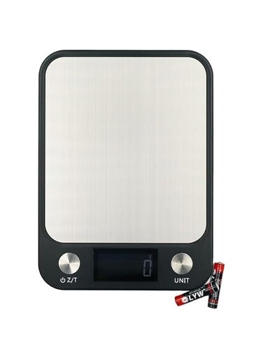 Food Kitchen Scale with Digital Display in Grams, Kilograms, Mililiters for Cooking, Baking and Weight Loss, Ultra Slim Stainless Steel, Battery Included - Black