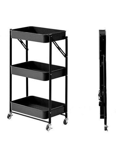 KOVEO 3-Tier Folding Storage Shelf Unit with Wheels,   Adjustable Wire Storage Rack Organizer Kitchen Shelving Unit for Living Room, Bathroom &amp; Bedroom, No Assembly   Kitchen Organizer (Black)