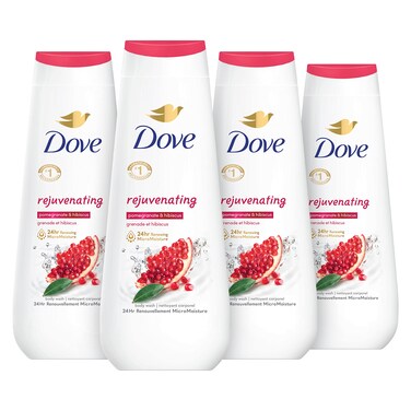 DoveBody Wash Rejuvenating Pomegranate &amp; Hibiscus 4 Count for Renewed, Healthy-Looking Skin Gentle Skin Cleanser with 24hr Renewing MicroMoisture 20 oz
