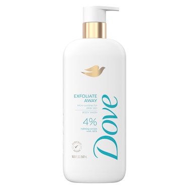 DoveBody Wash Exfoliate Away Micro-polishes for silkier skin 4% refining serum with AHA 18.5 oz