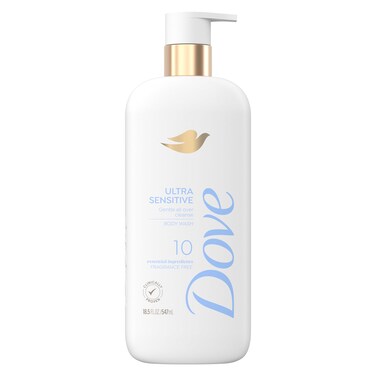 DoveFragrance Free Body Wash Ultra Sensitive Gentle all-over cleanse 10 essential ingredients 18.5 oz