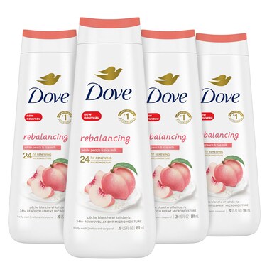 DoveBody Wash Rebalancing White Peach &amp; Rice Milk, 4 Count for Renewed, Healthy Looking Skin, Moisturizing Gentle Skin Cleanser with 24hr Renewing MicroMoisture, 20 oz