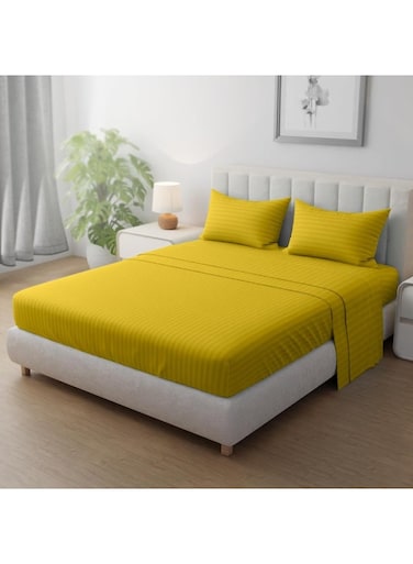 Linen Klub Striped Microfiber Fitted Sheet Set - Double (120 x 200 cm) + 2 Pillowcases (50 x 75 cm), Premium, Durable Quality, and Deep Pocket for a Perfect Fit, Yellow