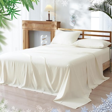 4 Piece 60% Rayon Derived from Bamboo 40% Polyester Cooling Queen Size Bedding Sheet Set, Luxury Silky Soft Breathable for Hot Sleeper, Includes 1 Fitted Sheet (150cm x 200cm) with 40 cm deep pocket,1 Flat Sheet (230cm x 260cm) and 2 Standard Pillowcases (50cm x 75cm), Cream
