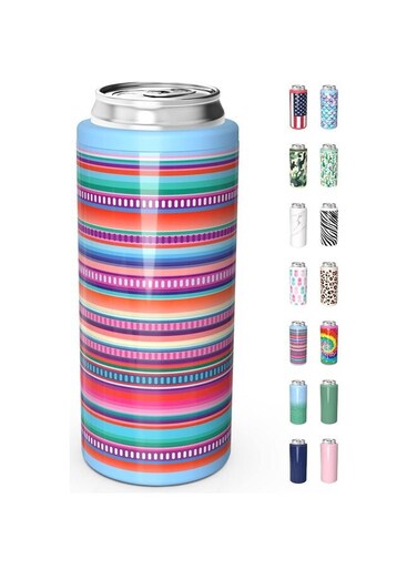 Skinny Can Cooler for Slim Beer &amp; Hard Seltzer, Stainless Steel, Doucle-Walled Stainless Steel Insulated Slim Cans, Standard 12 oz (Colorful Stripes)