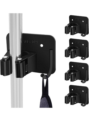 Holder Wall Mount, Screw Drilling &amp; No Drill Sturdy Heavy Duty Stainless Steel Wall Mounted, Broom Organizer Wall Mount with Hooks Hanger, Wall Holder for Bathroom, Garage, Kitchen, Garden