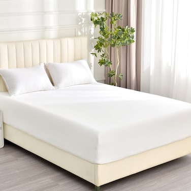 Home 100% Washed Cotton Fitted Sheet King 198cm x 200cm x 40cm Deep Pocket and 2.5cm Wider Elastic, Breathable &amp; Easy Fit, White
