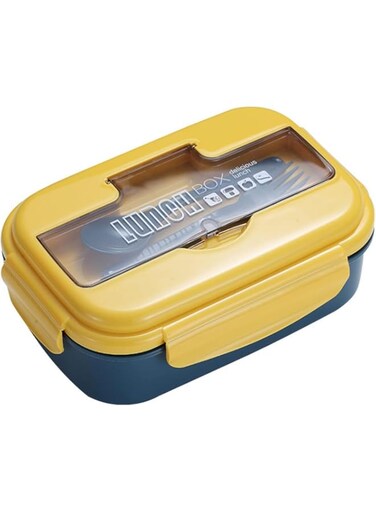 Premium 3-Compartment Lunch Box with Integrated Phone Stand &amp; 2 Utensils &ndash; Durable BPA-Free Plastic, 1200 ml, Leak-Proof, Microwave &amp; Dishwasher Safe &ndash; Ideal for School, Office, Travel, (Yellow)