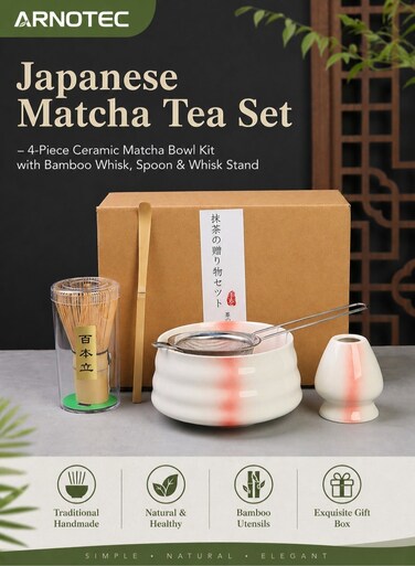 Japanese Matcha Tea Set &acirc;&euro;&ldquo; 4-Piece Ceramic Matcha Bowl Kit with Bamboo Whisk, Spoon &amp; Whisk Stand (Pink)