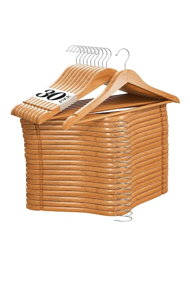 Wood Hangers, 30 Pack Hardwood Clothes Hangers with 360&Acirc;&deg; Swivel Anti-Rust Hook, Heavy Duty Non-Slip Coat/Suit Hangers - Wide Shoulders, Notches &amp; Adjustable Pant Bar, Space Saving for Shirt, Dress, Robe