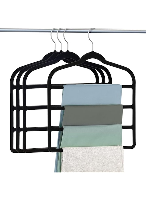 SWIUKPHE Velvet Pant Hangers Space Saving Non Slip Velvet Hangers, 4 Pack Black Velvet Hangers Multi Layer Clothes Hangers Closet Organizer for Pants Jeans Trousers Scarf