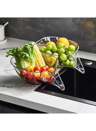 2PCS Transparent Multi-Functional Drainage Basket Fruit &amp; Vegetable washing Bowl Food Drainer Drainage Basket with Funnel Plastic Kitchen Drainer Bowl