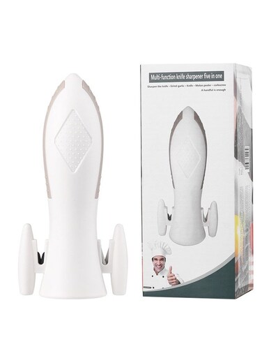 5-in-1 Knife Sharpener Set- Knife Sharpener Tool - Manual Knife Sharpeners for Kitchen Knife, Peeler, Bottle Opener, Garlic Grinder, Coarse and Fine Knife Sharpener- Gray/White