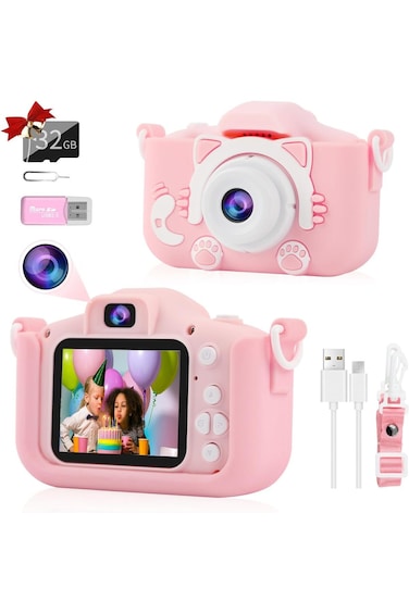 Kids 1080P Camera for Girls, 2" IPS Screen, Silicone Case, 32GB Card, Gift for Ages 3-8 (Pink)