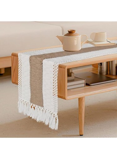 Boho Table Runner for Home Decor, 90 Inches Long Farmhouse Dining Table Runner with Tassels, Cream &amp; Brown Macrame Burlap Table Runner for Rustic Wedding Bridal Shower Party (12" x 90")