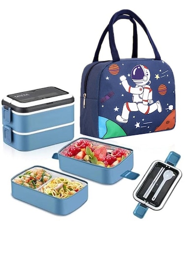 Lunch Box for Kids School, 4 in 1 Stainless Steel Lunch Box Set with Insulated Lunch Bag and Utensil Set, Leak-proof 2 Layer Large Capacity Lunch Box for Kids Adults(Blue)
