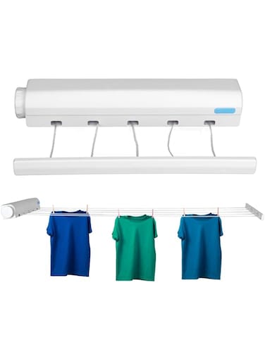 KASTWAVE Telescopic Clothesline, Telescopic Retractable Clothesline Telescopic Indoor Outdoor Wall Mounted Clothes Dryer Line, Wall Mounted Clothes Hanging Line, White (5Ropes)