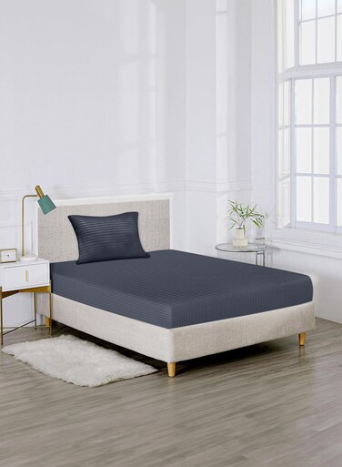 Linen Single Striped Fitted Elastic Bedsheet with 1 Pillow Case 90 x 190 Cm Navy Blue